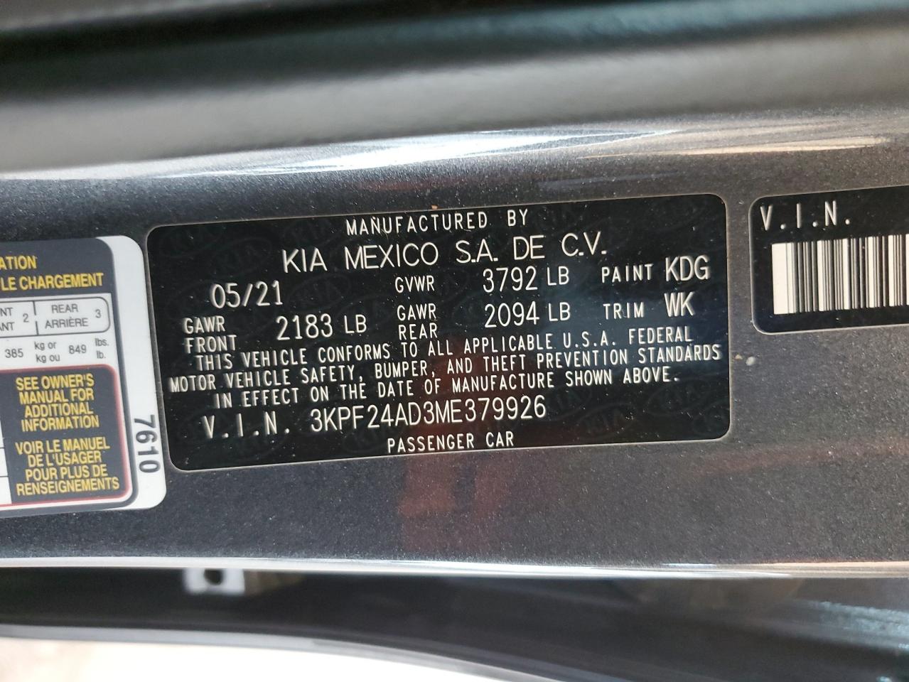 3KPF24AD3ME379926 2021 Kia Forte Fe