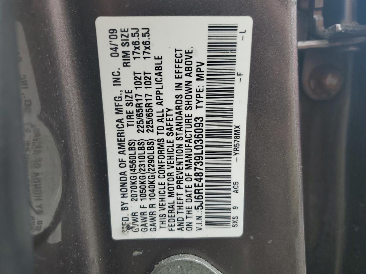 2009 Honda Cr-V Exl VIN: 5J6RE48739L036093 Lot: 62949144