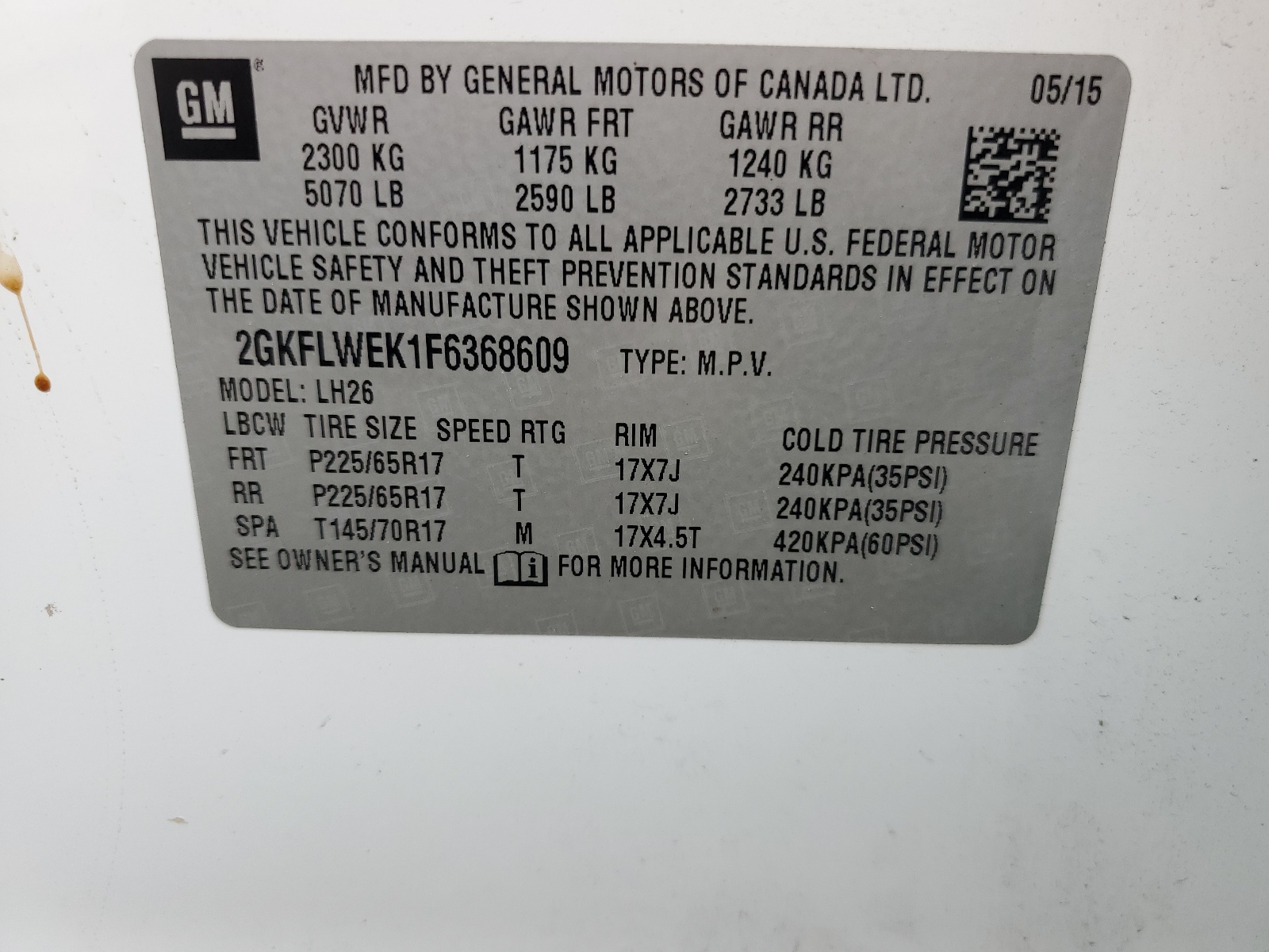 2GKFLWEK1F6368609 2015 GMC Terrain Sle