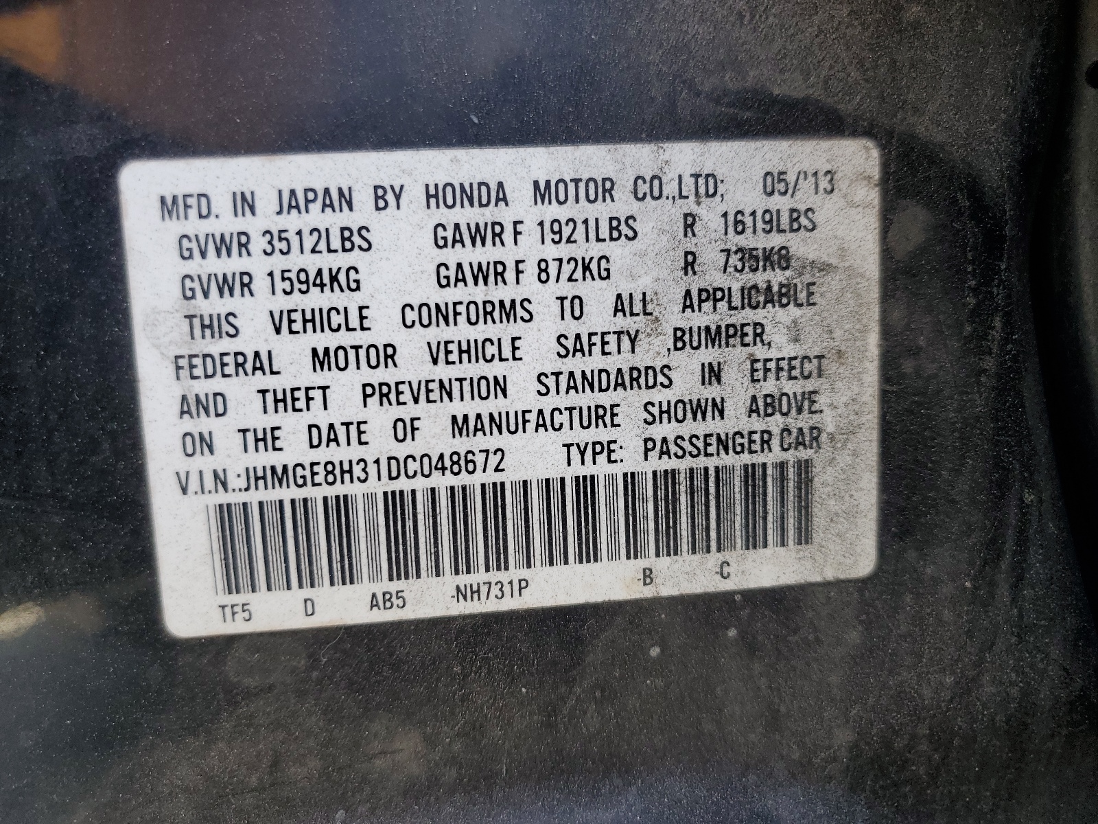 JHMGE8H31DC048672 2013 Honda Fit