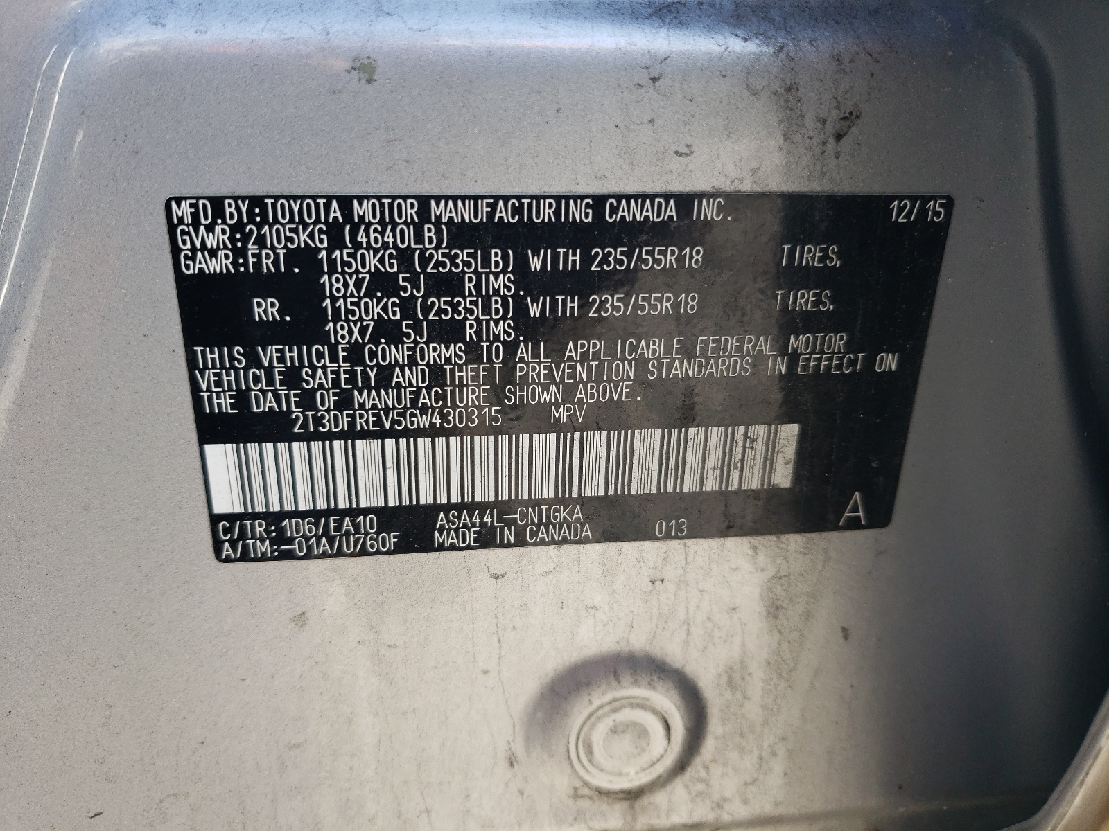 2T3DFREV5GW430315 2016 Toyota Rav4 Limited