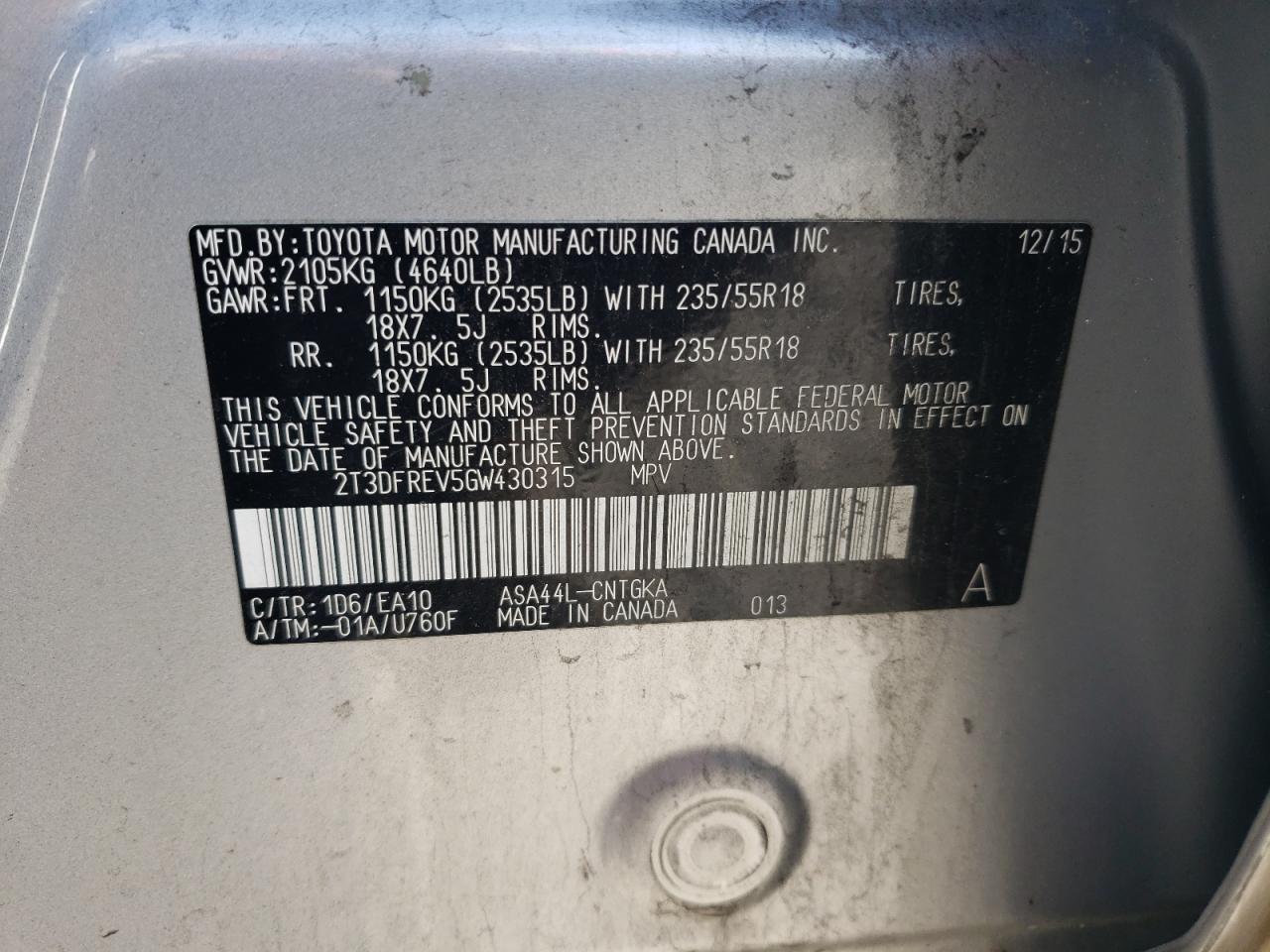 2016 Toyota Rav4 Limited VIN: 2T3DFREV5GW430315 Lot: 64060984