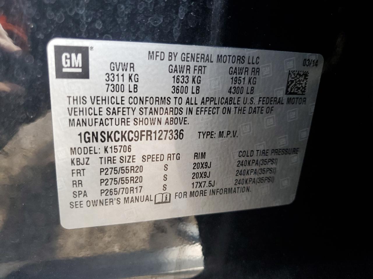 2015 Chevrolet Tahoe K1500 Ltz VIN: 1GNSKCKC9FR127336 Lot: 63239504