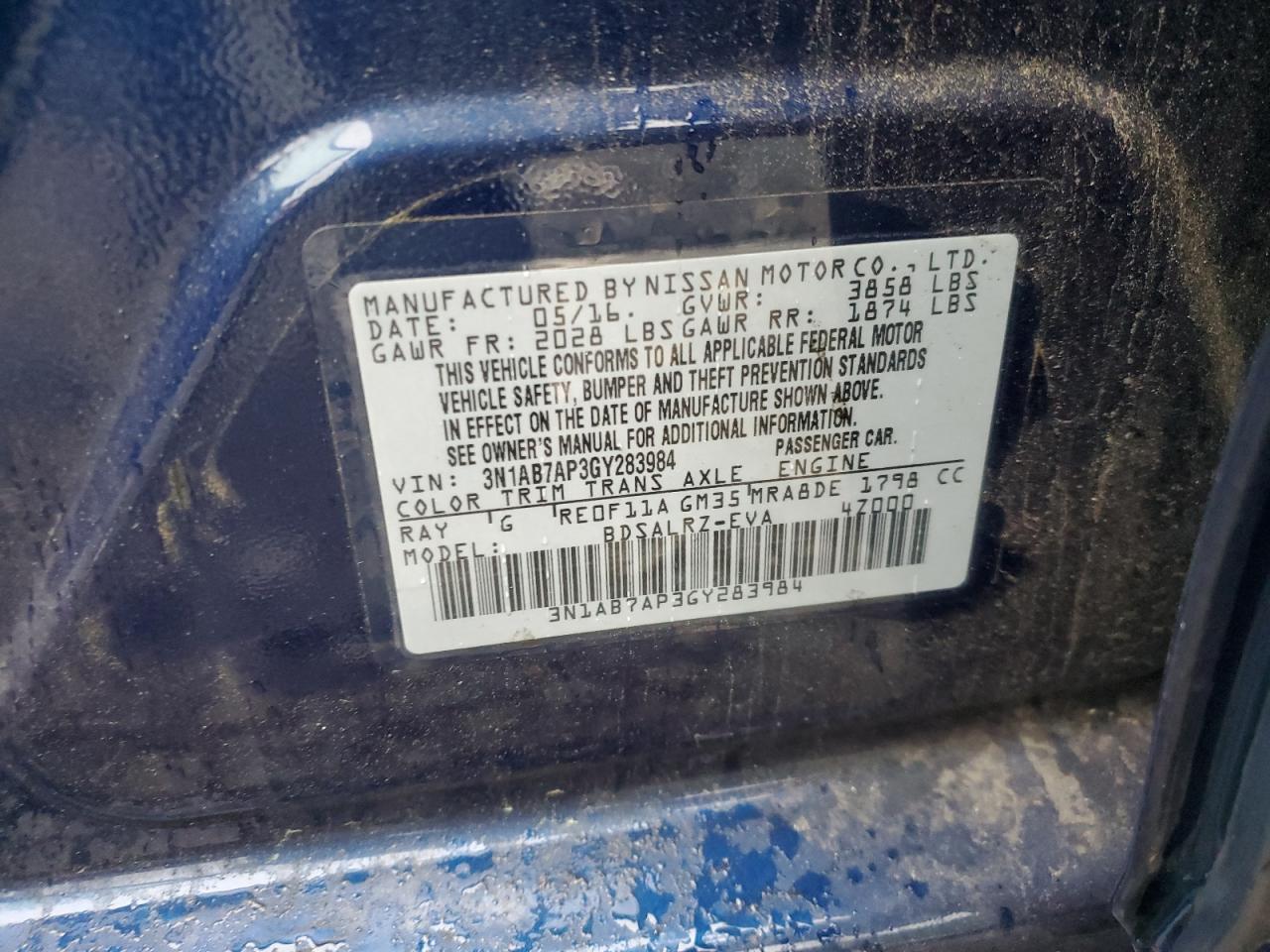 2016 Nissan Sentra S VIN: 3N1AB7AP3GY283984 Lot: 62613124