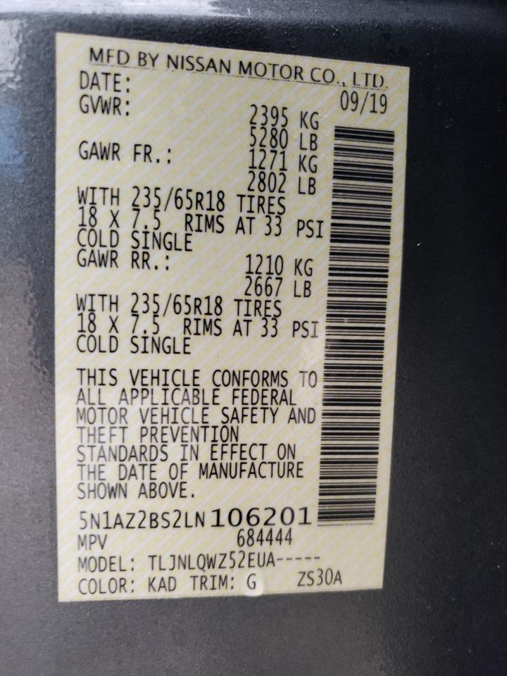 2020 Nissan Murano Sv VIN: 5N1AZ2BS2LN106201 Lot: 62961094