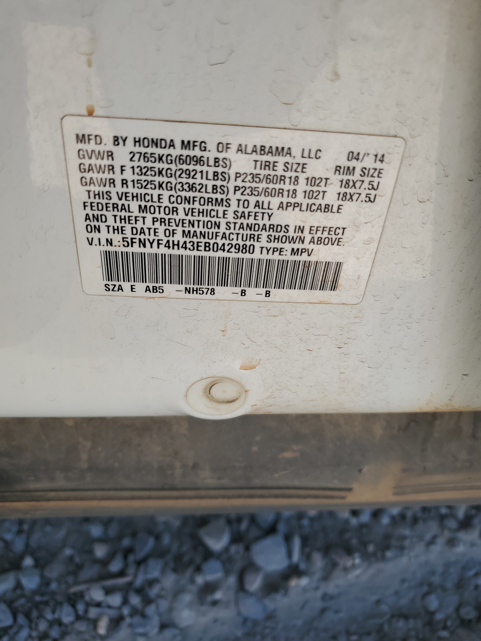 5FNYF4H43EB042980 2014 Honda Pilot Ex