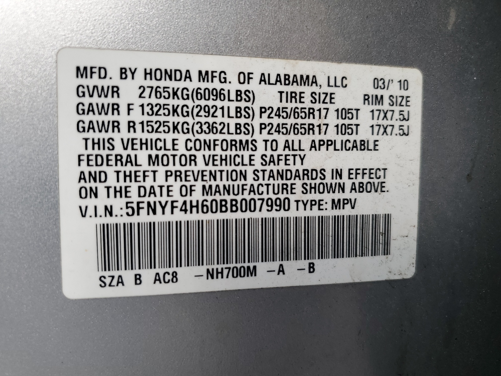 5FNYF4H60BB007990 2011 Honda Pilot Exl