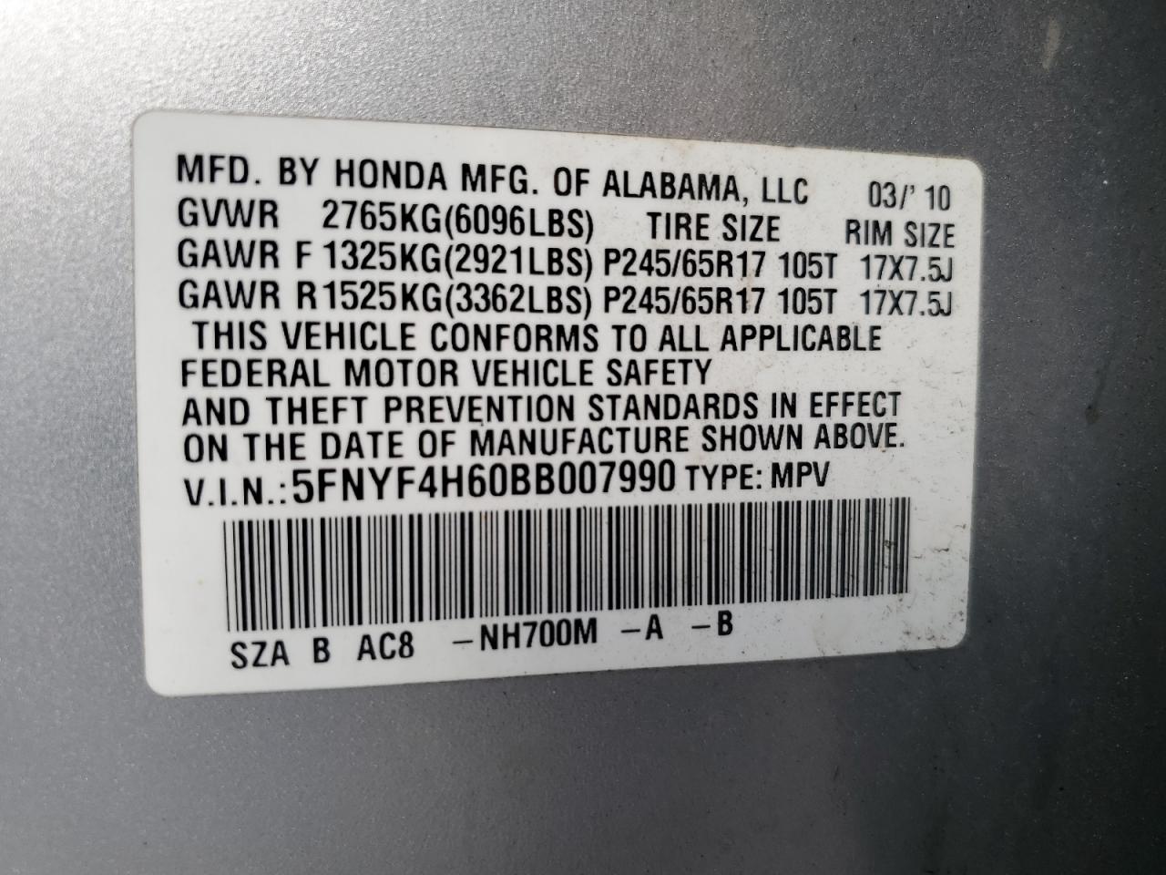 2011 Honda Pilot Exl VIN: 5FNYF4H60BB007990 Lot: 63539434
