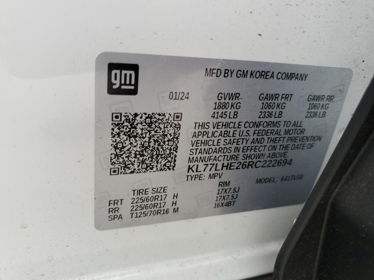 2024 Chevrolet Trax 1Lt VIN: KL77LHE26RC222694 Lot: 61692564