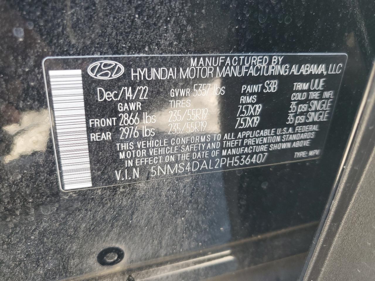 2023 Hyundai Santa Fe Limited VIN: 5NMS4DAL2PH536407 Lot: 61710194