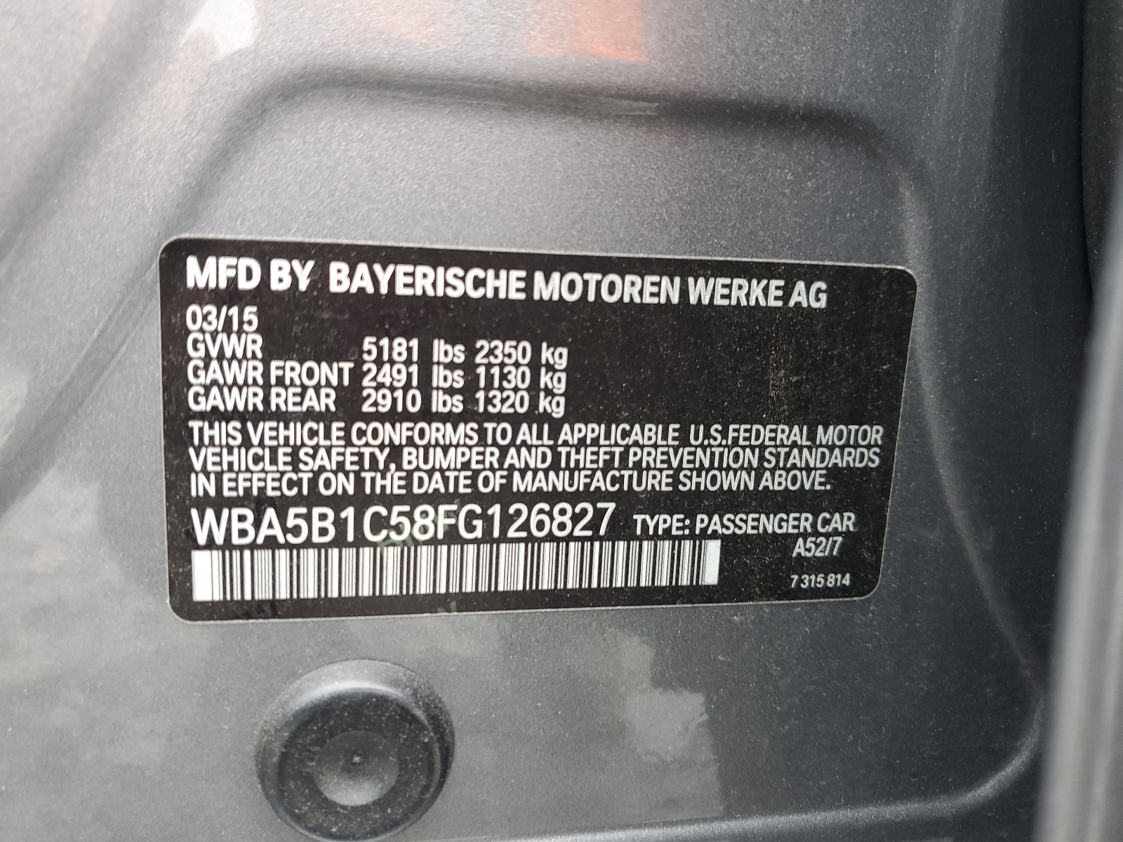 WBA5B1C58FG126827 2015 BMW 535 I