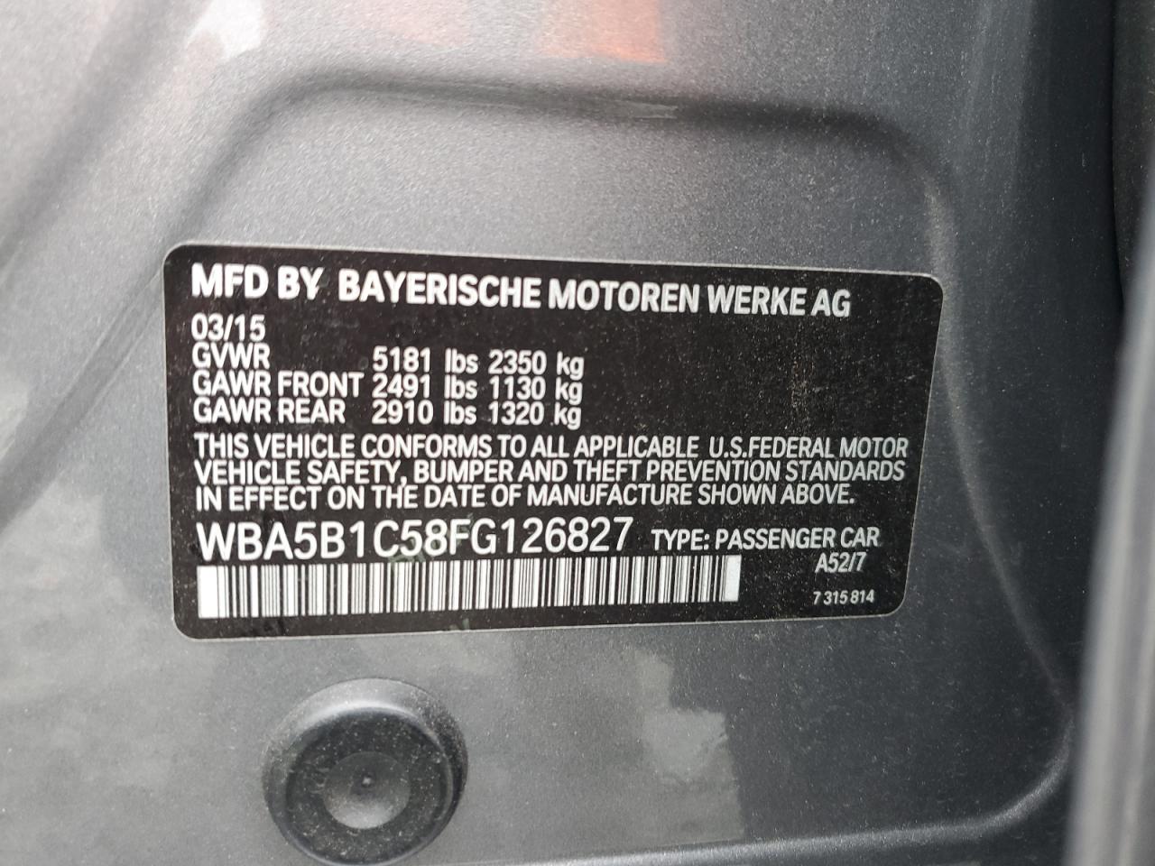 2015 BMW 535 I VIN: WBA5B1C58FG126827 Lot: 63428344