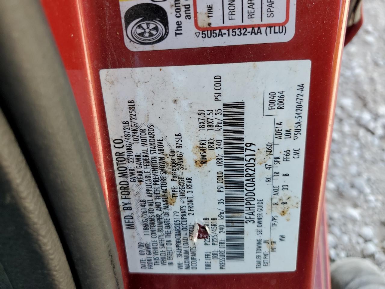 2010 Ford Fusion Sport VIN: 3FAHP0DC0AR205179 Lot: 59580624