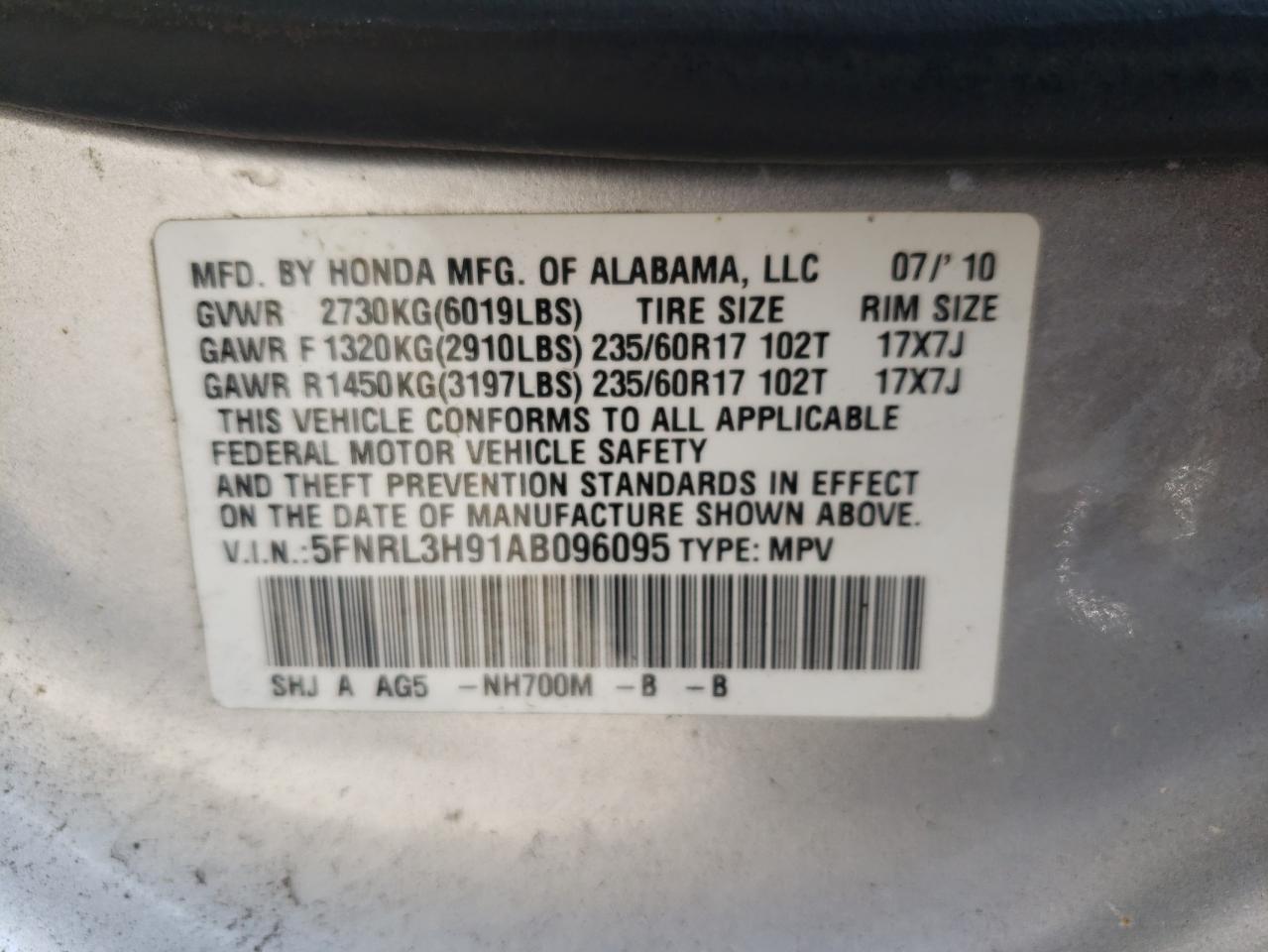 5FNRL3H91AB096095 2010 Honda Odyssey Touring