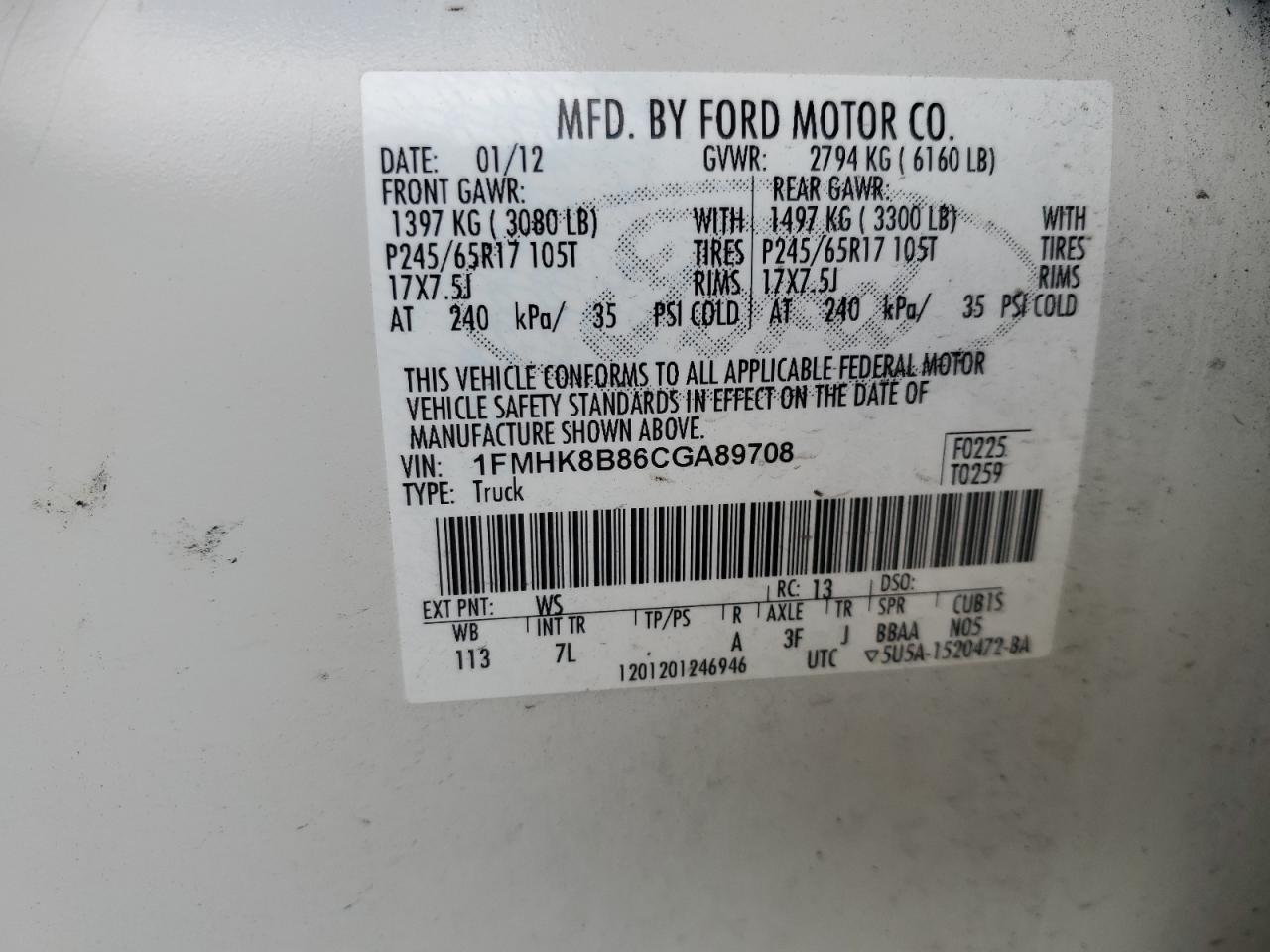 2012 Ford Explorer VIN: 1FMHK8B86CGA89708 Lot: 62725684