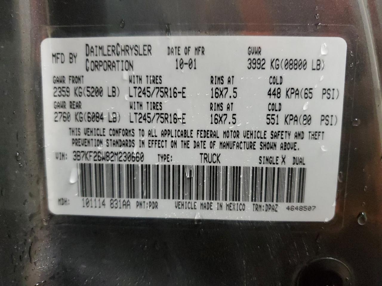 2002 Dodge Ram 2500 VIN: 3B7KF26W82M230660 Lot: 61814094