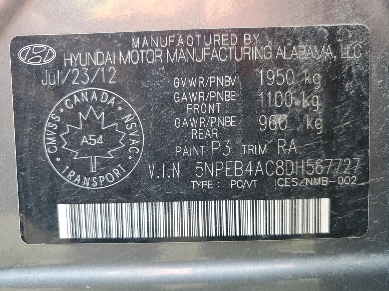 2013 Hyundai Sonata Gls VIN: 5NPEB4AC8DH567727 Lot: 61448014