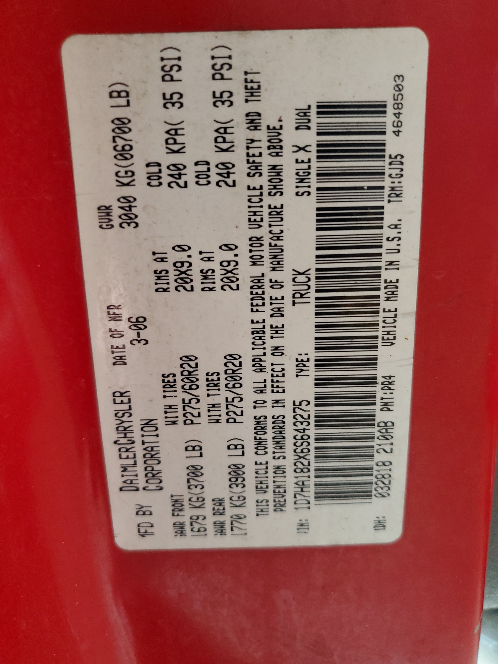 1D7HA182X6S643275 2006 Dodge Ram 1500 St