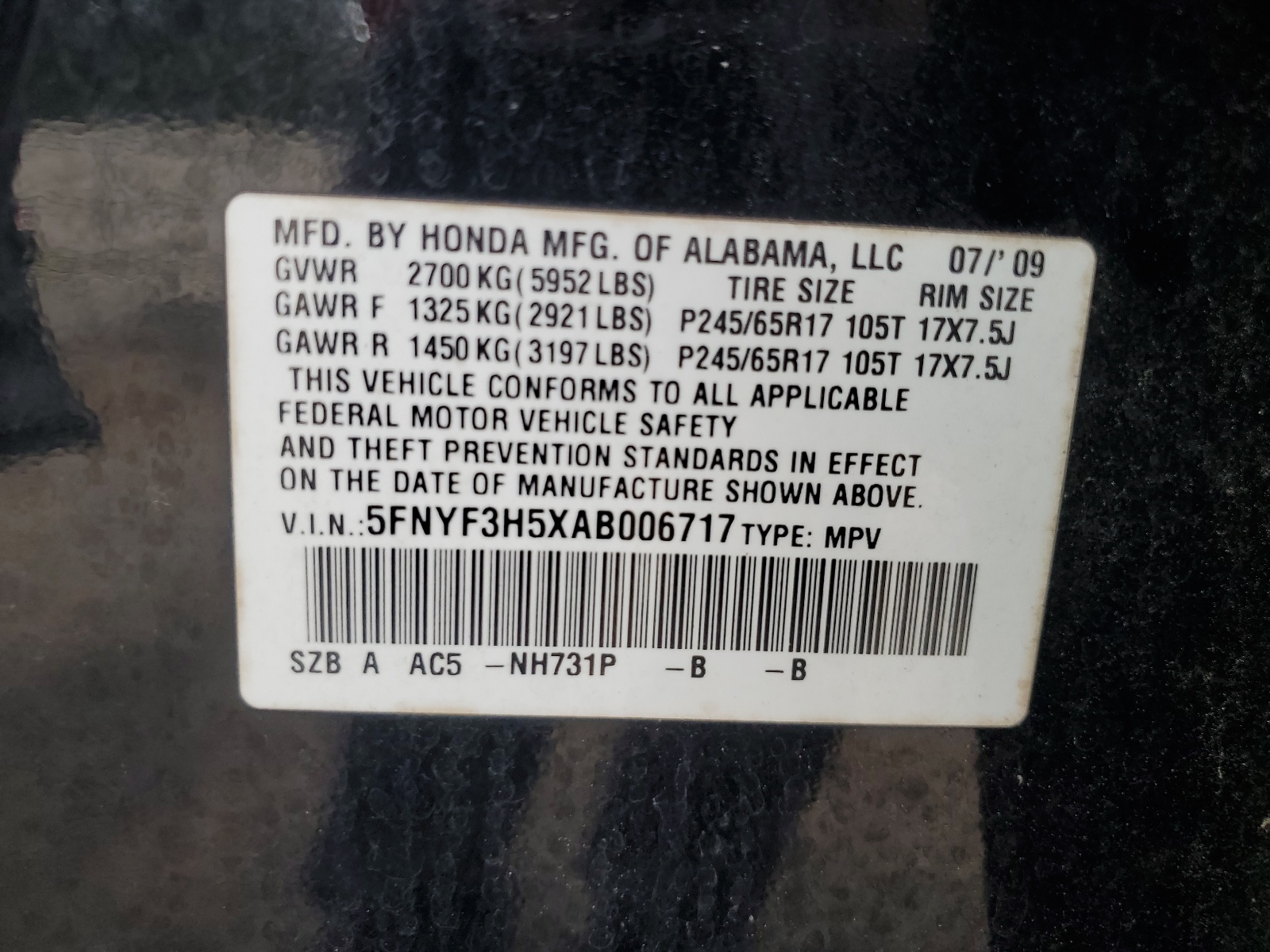 5FNYF3H5XAB006717 2010 Honda Pilot Exl