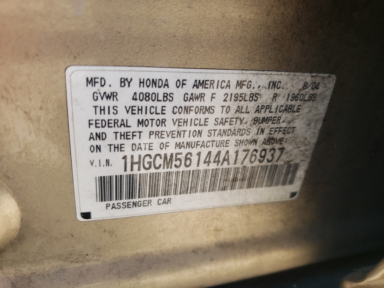 1HGCM56144A176937 2004 Honda Accord Dx