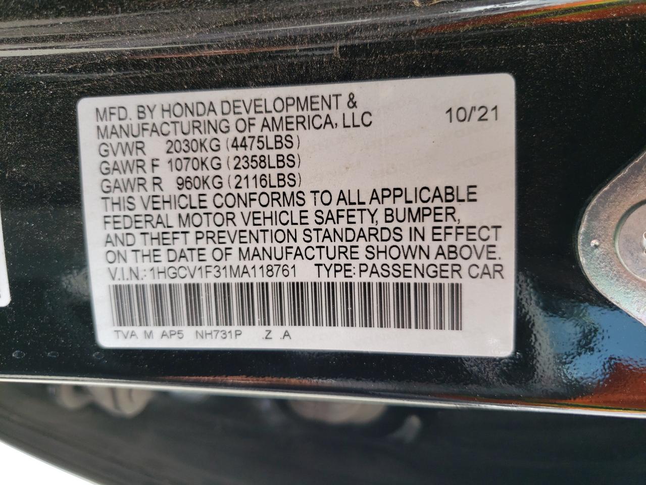 1HGCV1F31MA118761 2021 Honda Accord Sport