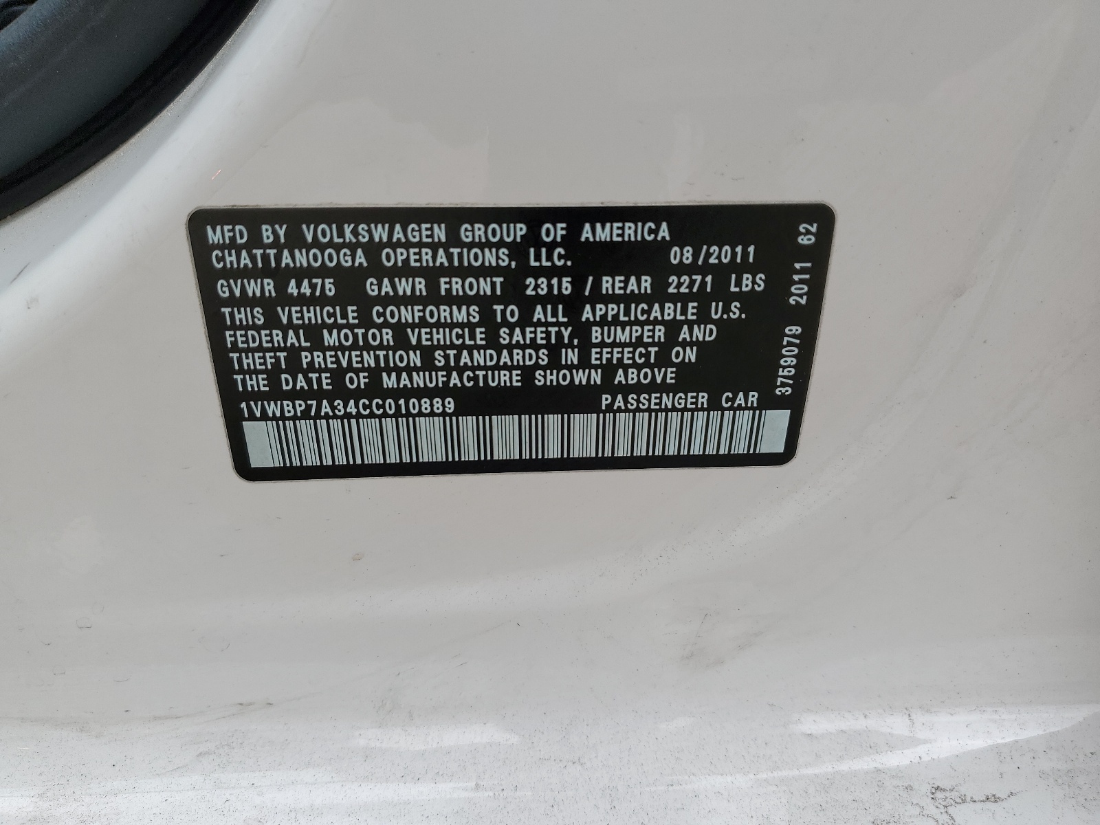 1VWBP7A34CC010889 2012 Volkswagen Passat Se