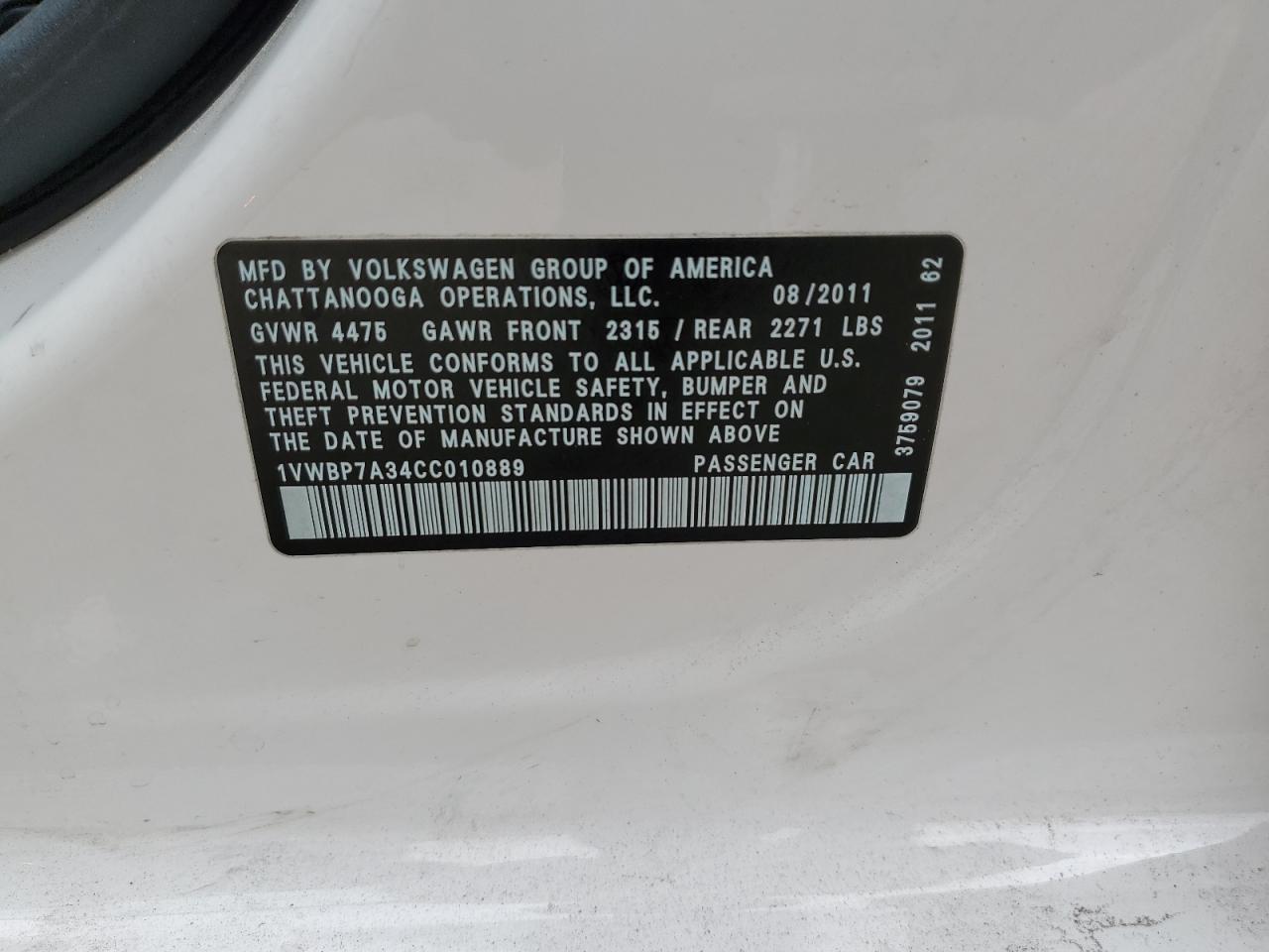 2012 Volkswagen Passat Se VIN: 1VWBP7A34CC010889 Lot: 62472674