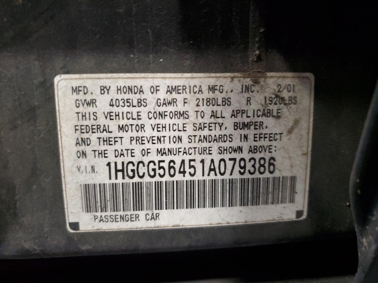 2001 Honda Accord Lx VIN: 1HGCG56451A079386 Lot: 62950314