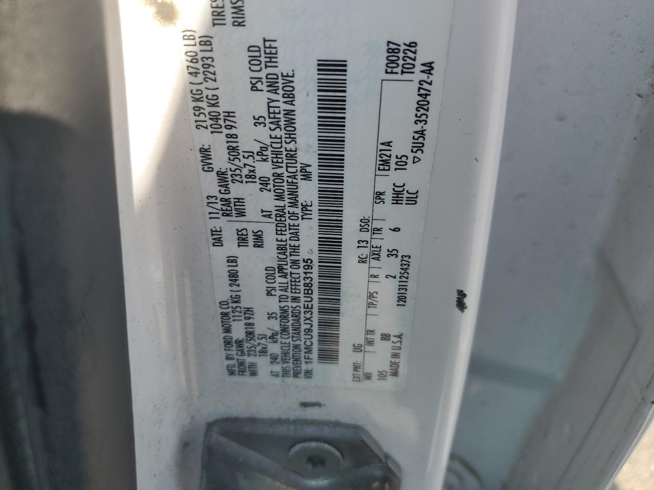 2014 Ford Escape Titanium VIN: 1FMCU9JX3EUB83195 Lot: 65076864