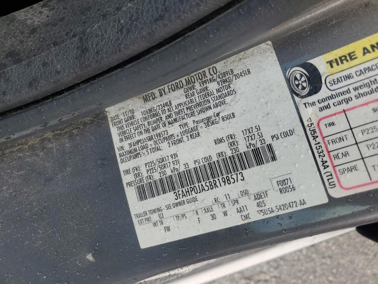 2011 Ford Fusion Sel VIN: 3FAHP0JA5BR198573 Lot: 65565344