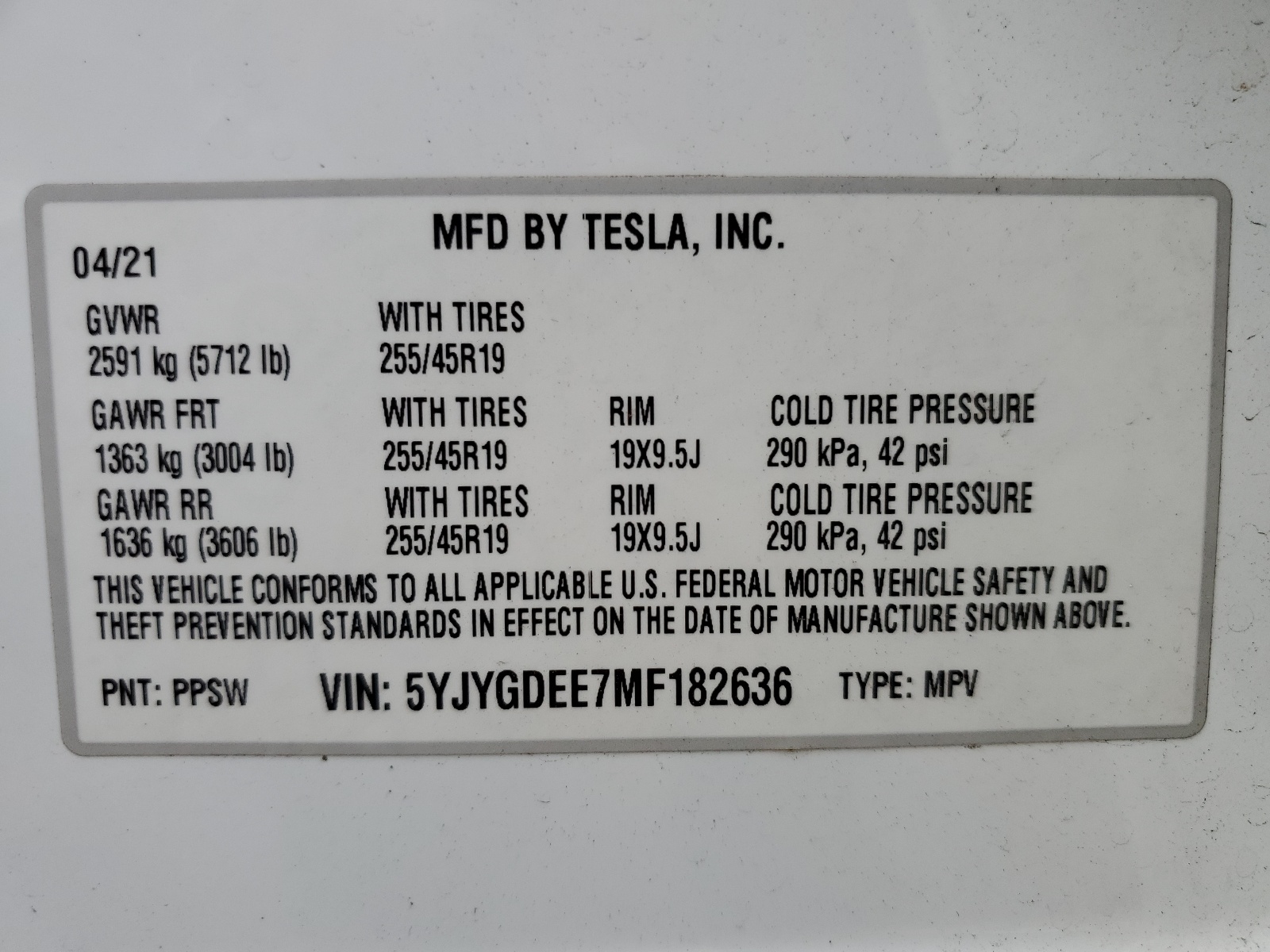 5YJYGDEE7MF182636 2021 Tesla Model Y