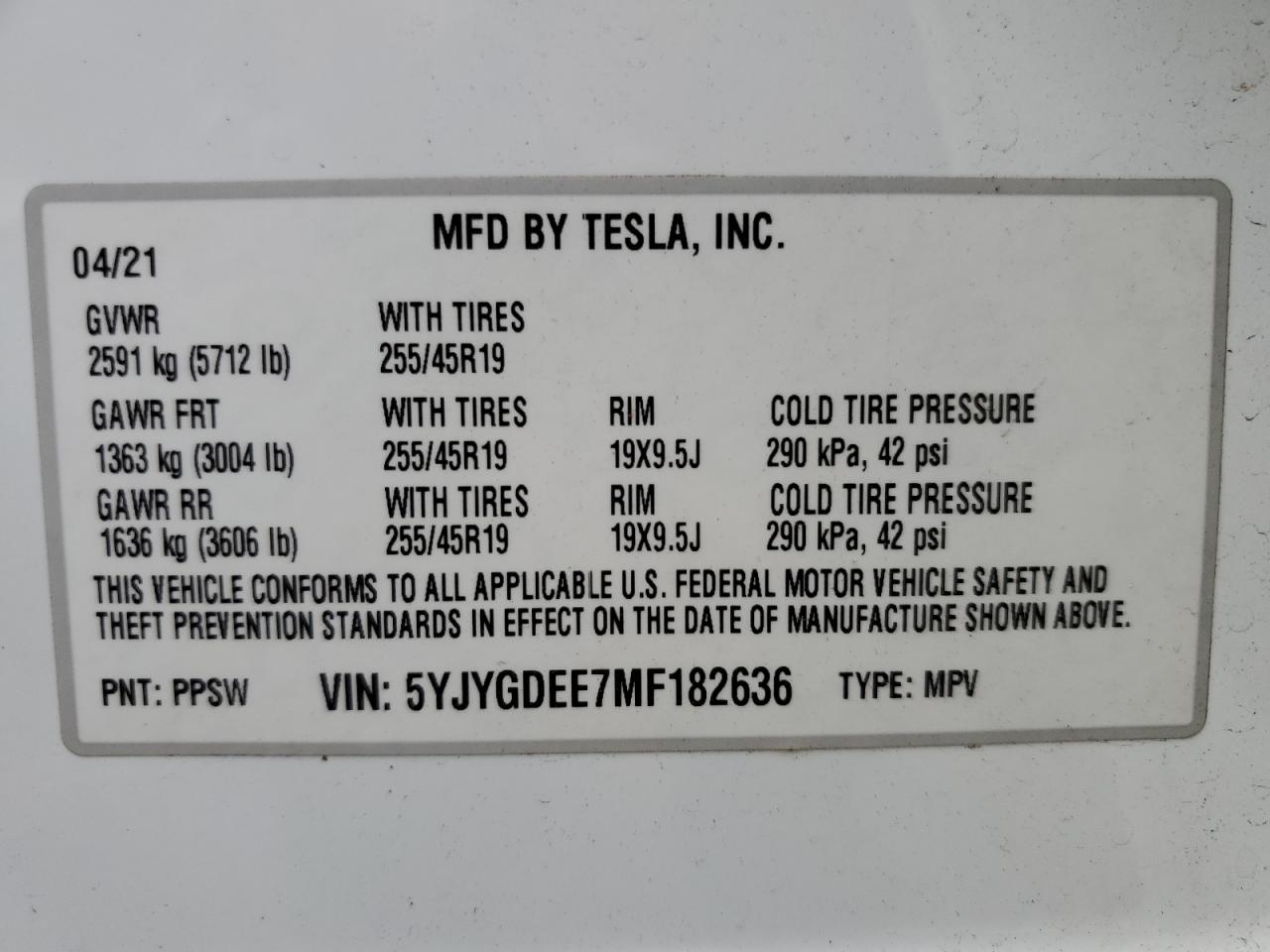 2021 Tesla Model Y VIN: 5YJYGDEE7MF182636 Lot: 64199104