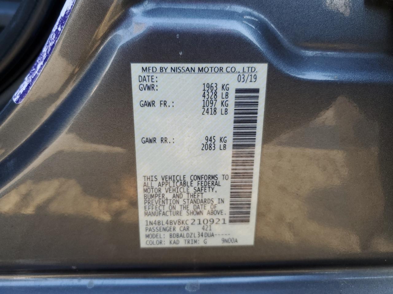 1N4BL4BV8KC210921 2019 Nissan Altima S