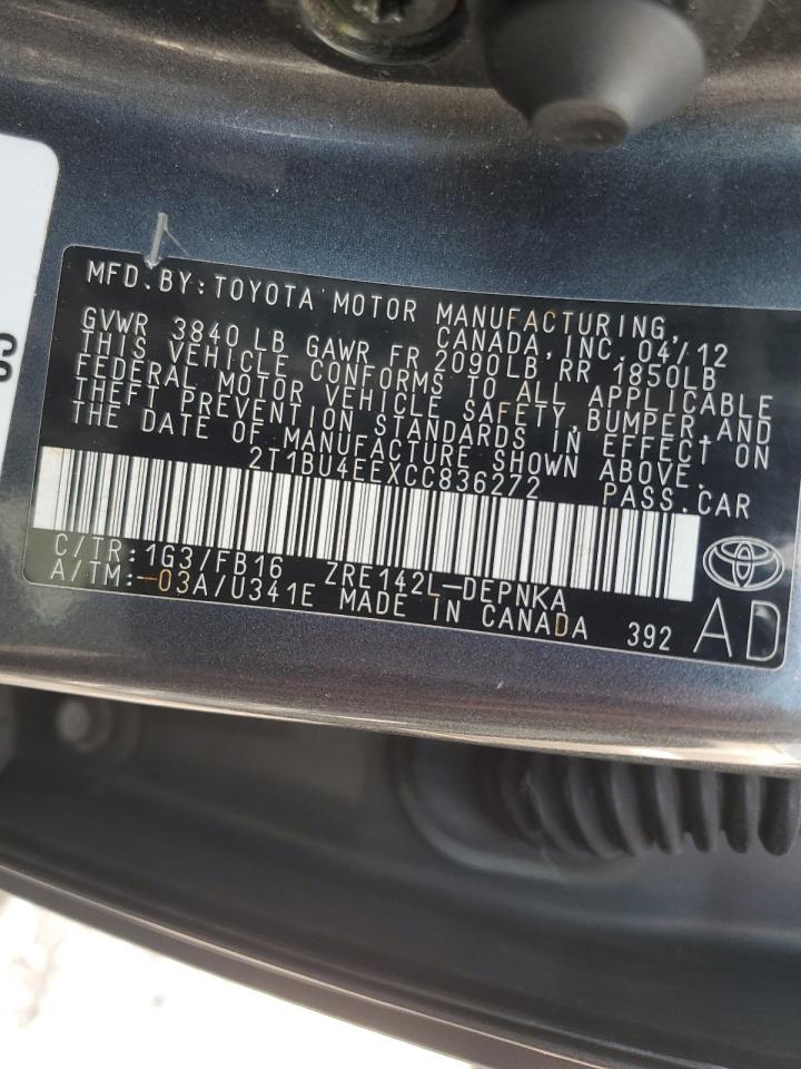 2012 Toyota Corolla Base VIN: 2T1BU4EEXCC836272 Lot: 62682804