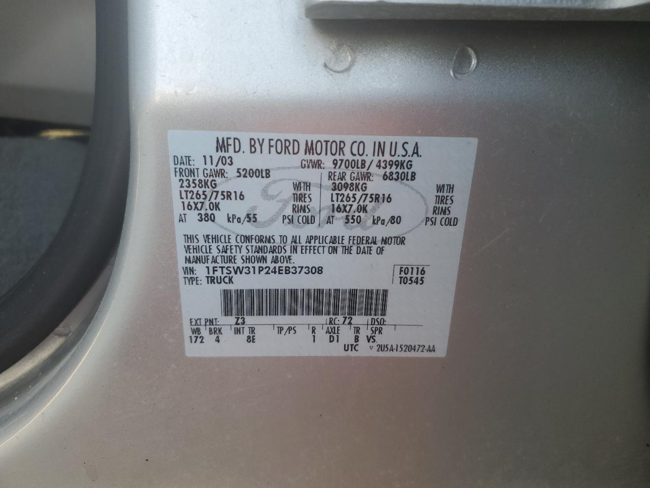 2004 Ford F350 Srw Super Duty VIN: 1FTSW31P24EB37308 Lot: 63245804