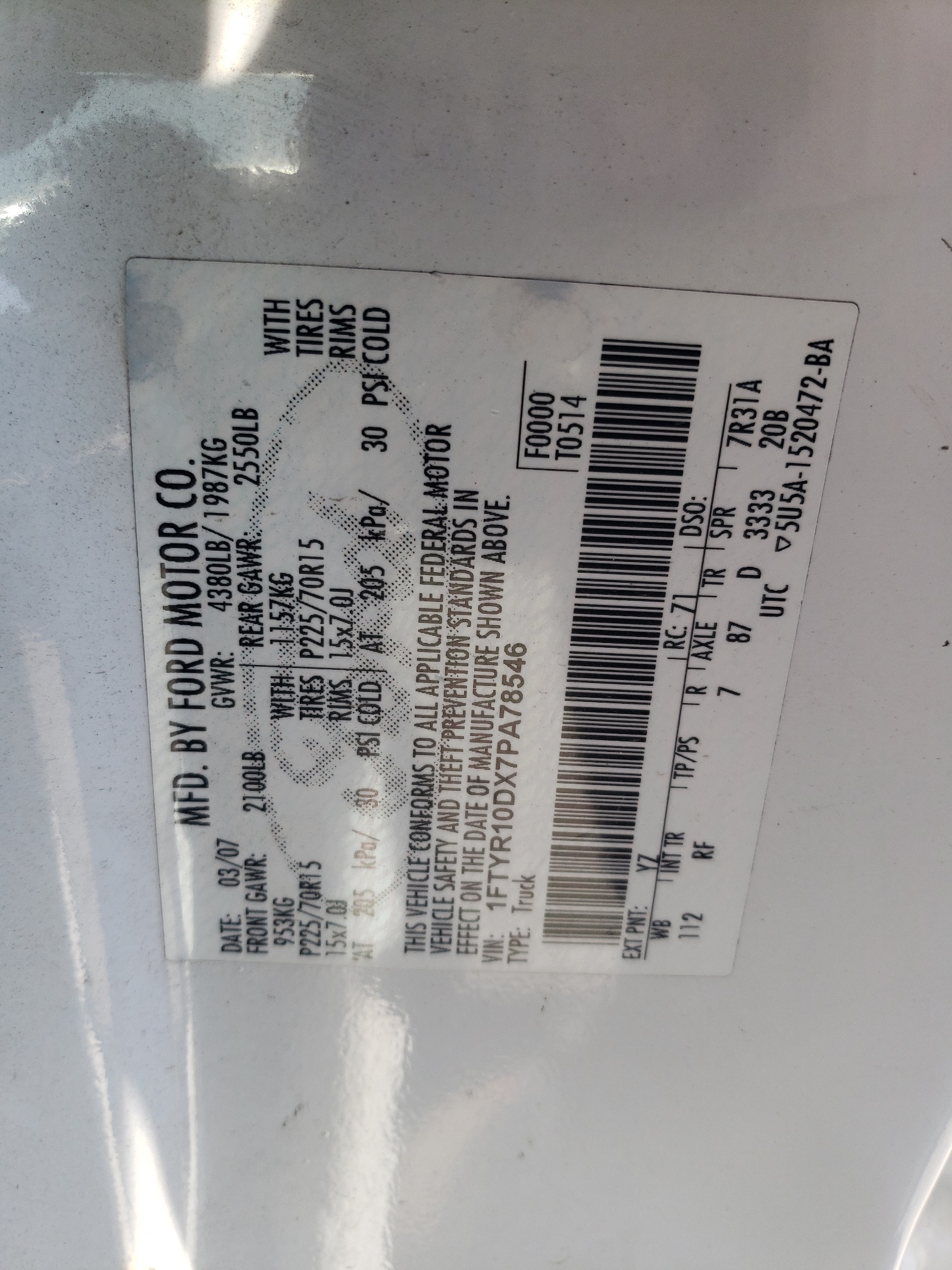 1FTYR10DX7PA78546 2007 Ford Ranger