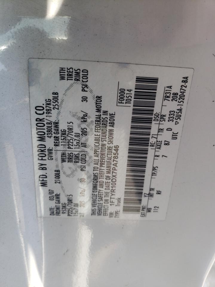 2007 Ford Ranger VIN: 1FTYR10DX7PA78546 Lot: 64709034