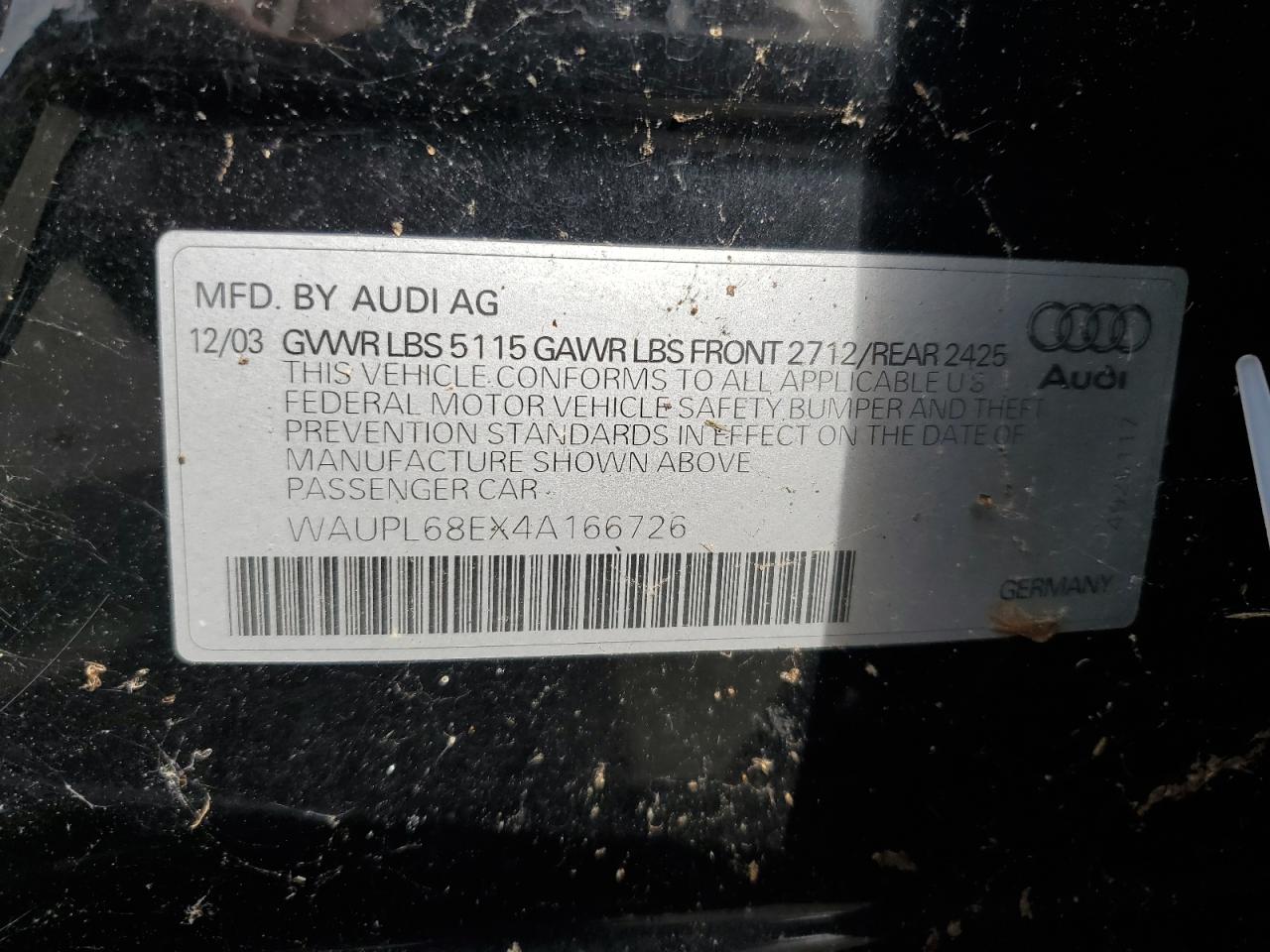 2004 Audi S4 VIN: WAUPL68EX4A166726 Lot: 64789724