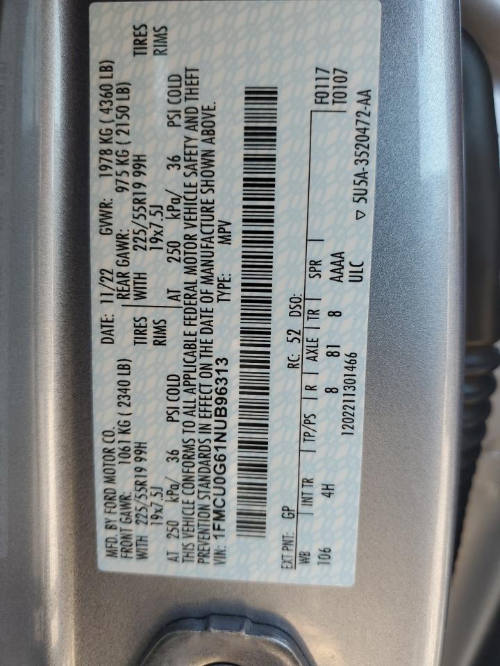 2022 Ford Escape Se VIN: 1FMCU0G61NUB96313 Lot: 62502974