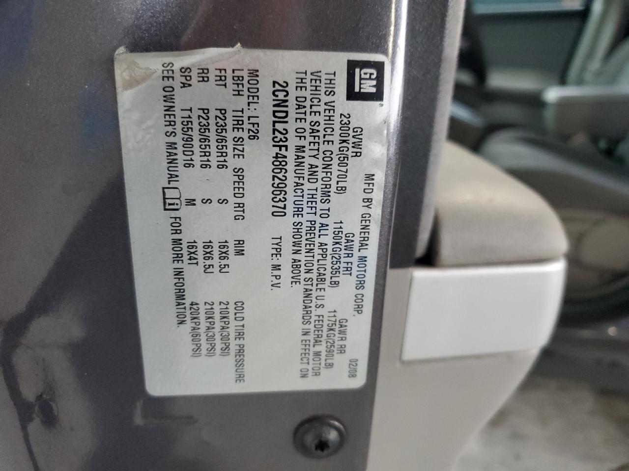 2008 Chevrolet Equinox Ls VIN: 2CNDL23F486296370 Lot: 63619294