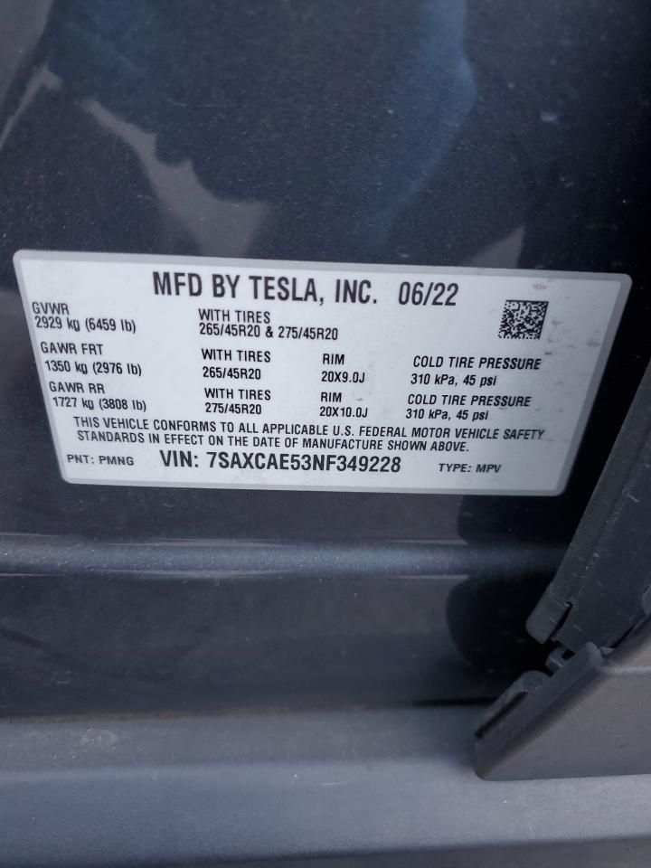 2022 Tesla Model X VIN: 7SAXCAE53NF349228 Lot: 61531554