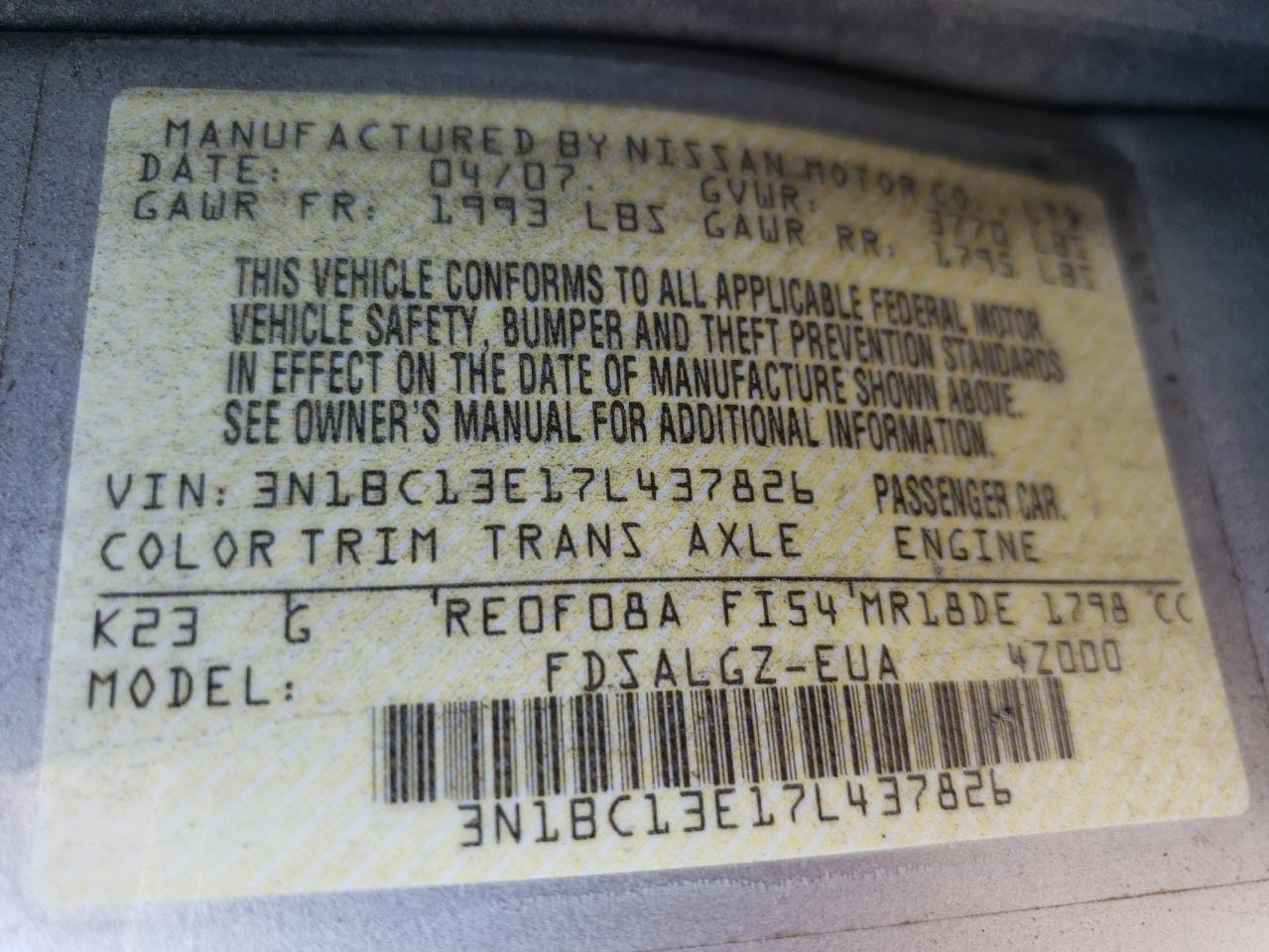 2007 Nissan Versa S VIN: 3N1BC13E17L437826 Lot: 63203654