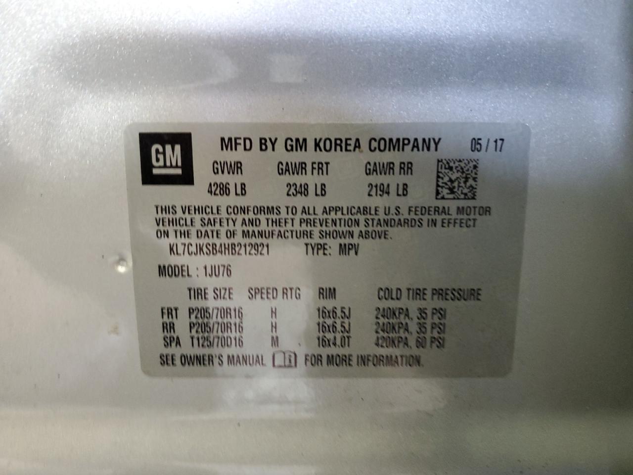 2017 Chevrolet Trax Ls VIN: KL7CJKSB4HB212921 Lot: 63972854