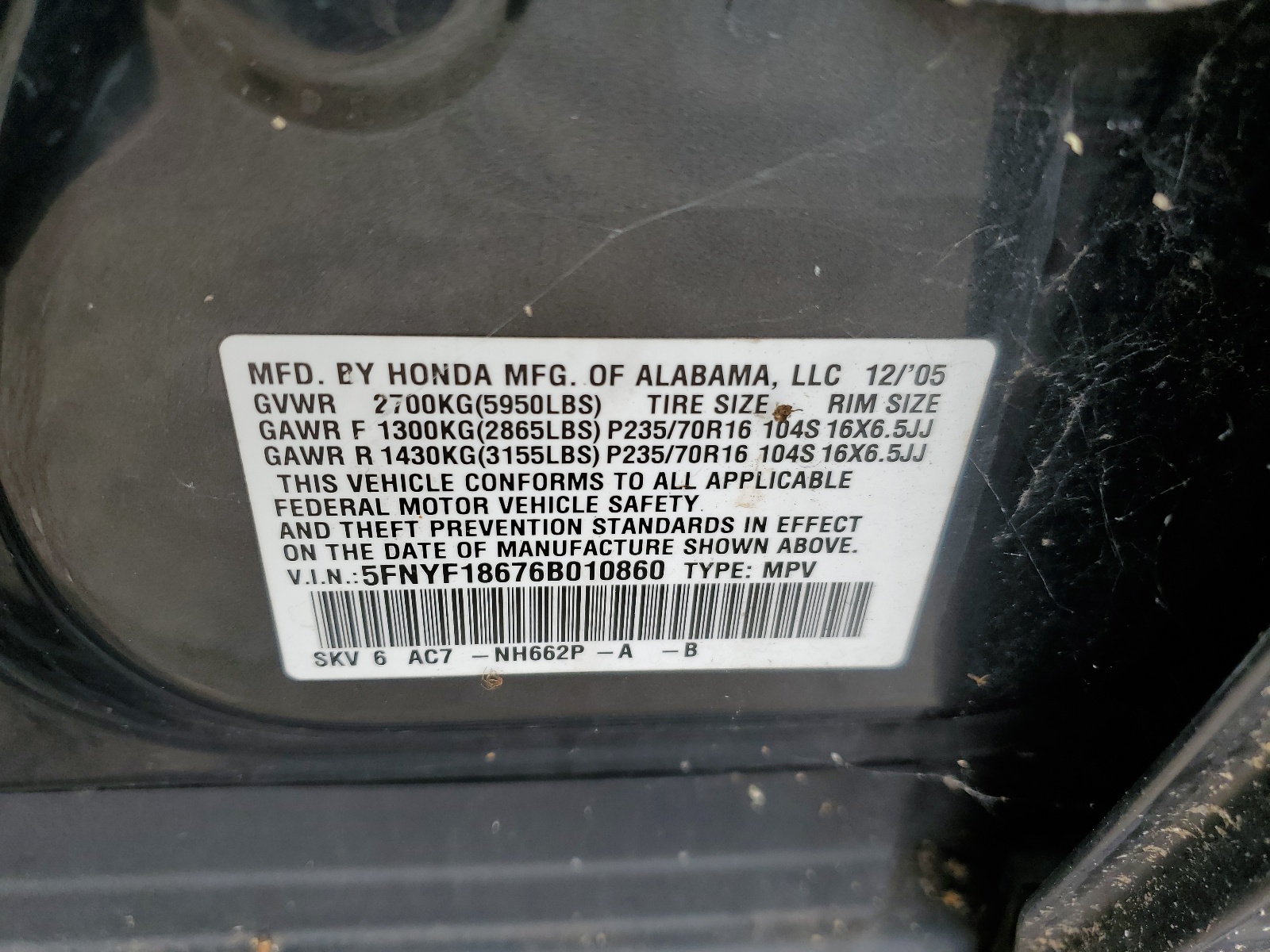 5FNYF18676B010860 2006 Honda Pilot Ex