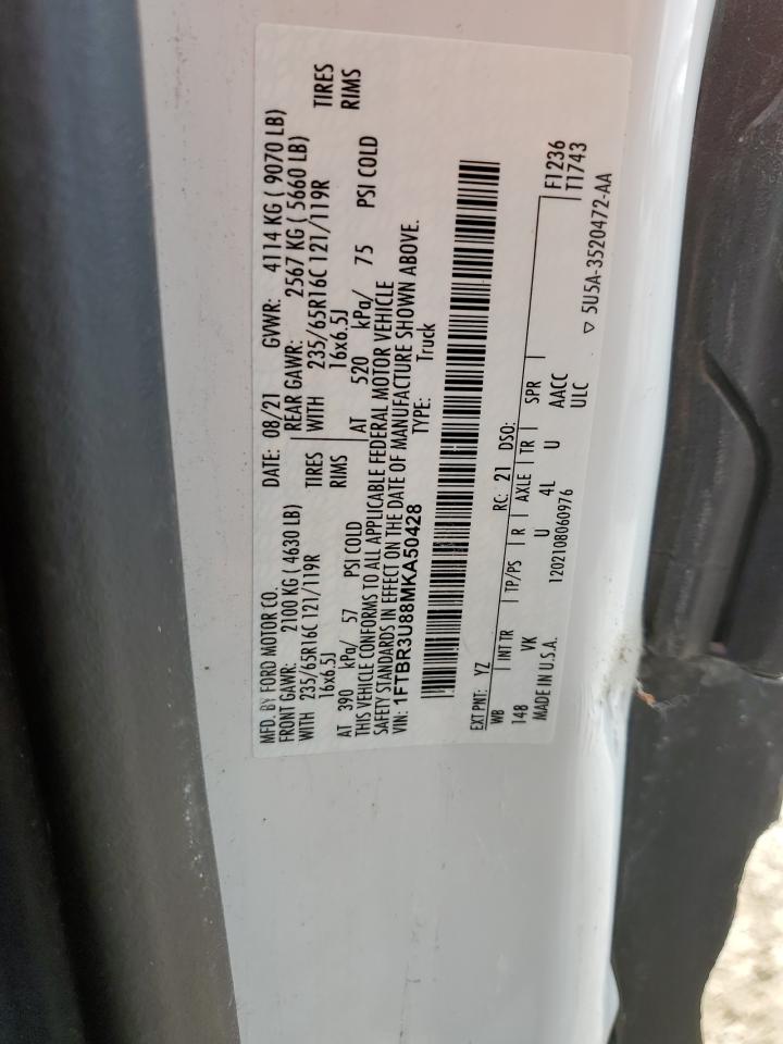 2021 Ford Transit T-250 VIN: 1FTBR3U88MKA50428 Lot: 64351694