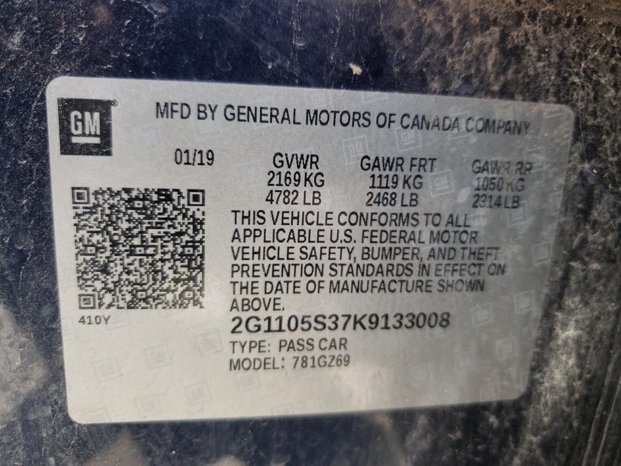 2019 Chevrolet Impala Premier VIN: 2G1105S37K9133008 Lot: 65385704