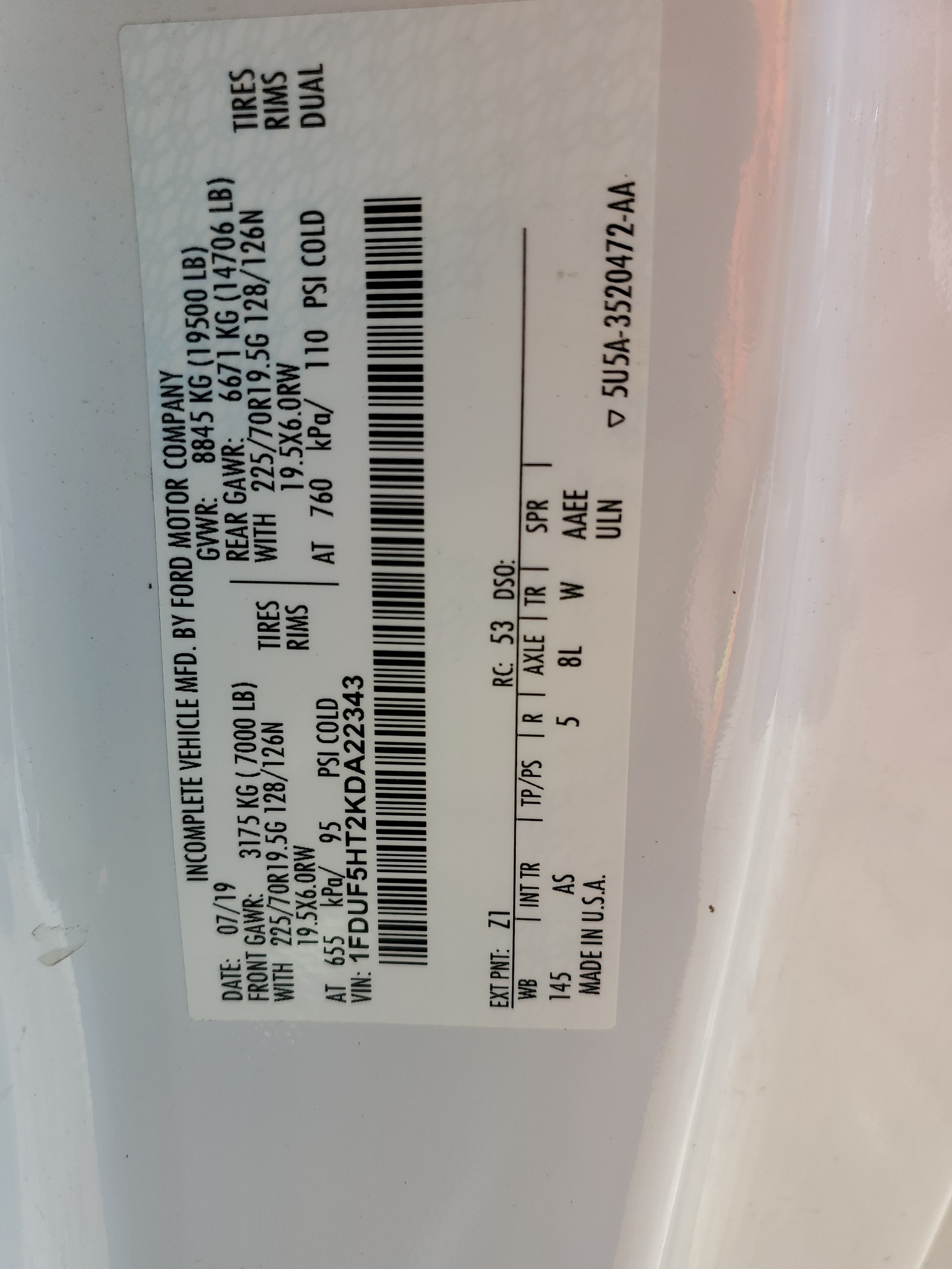 1FDUF5HT2KDA22343 2019 Ford F550 Super Duty