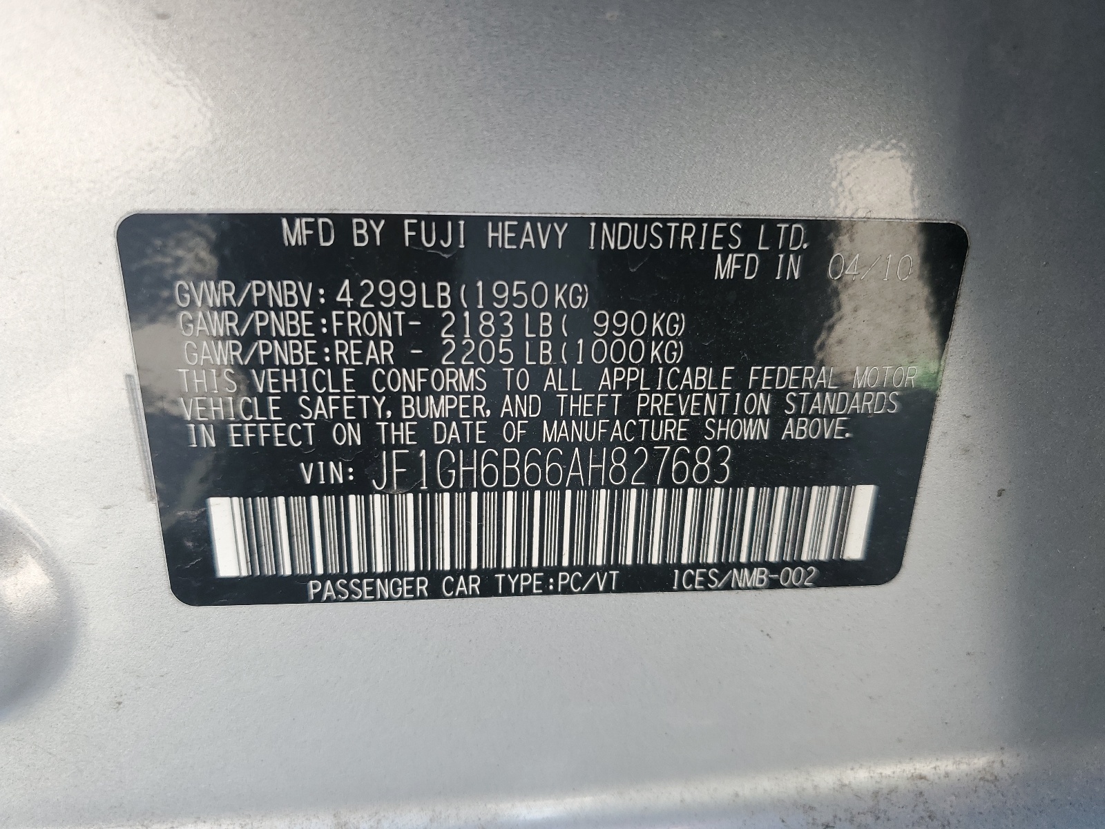 JF1GH6B66AH827683 2010 Subaru Impreza 2.5I Premium