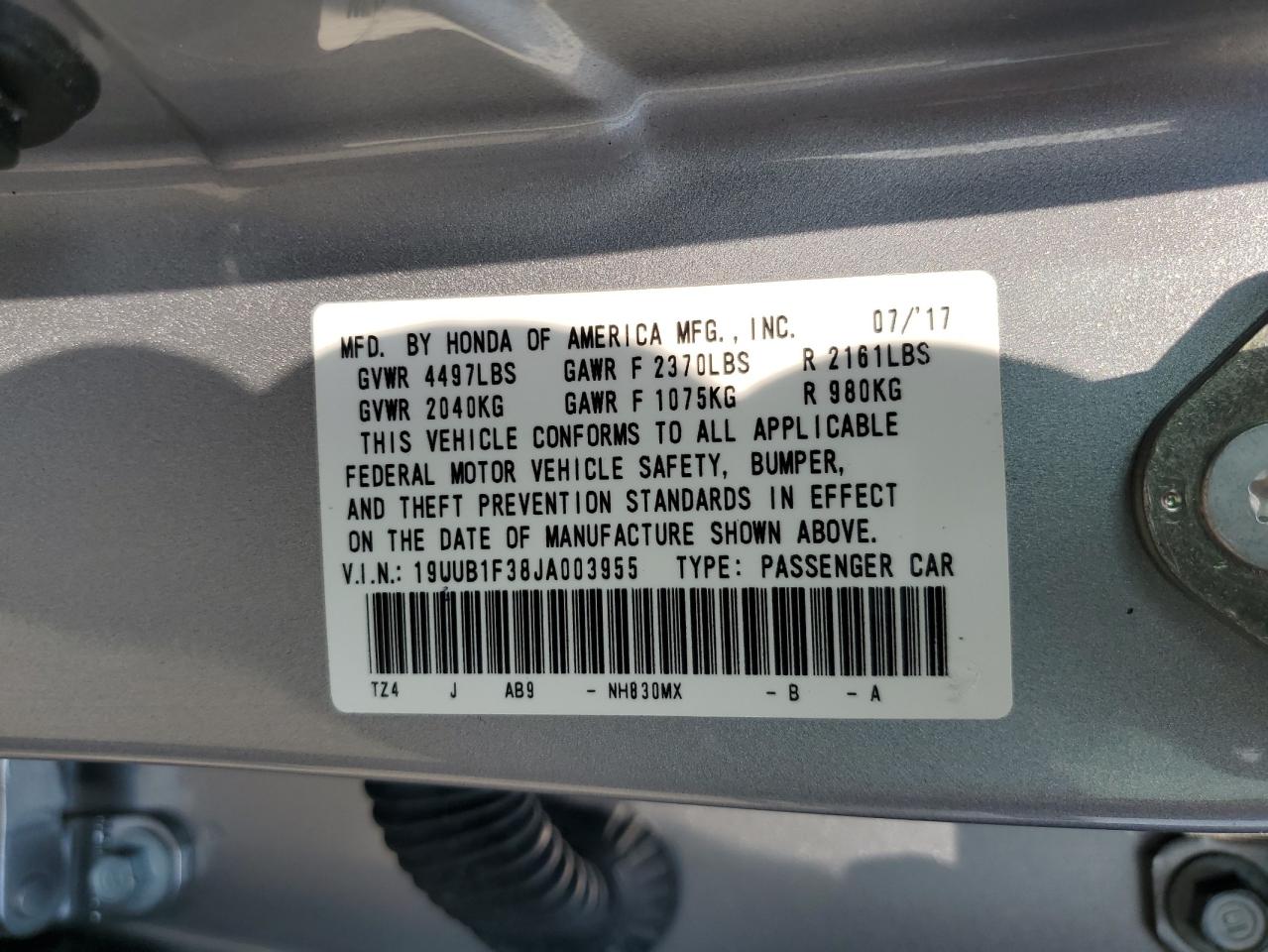 2018 Acura Tlx VIN: 19UUB1F38JA003955 Lot: 64523644