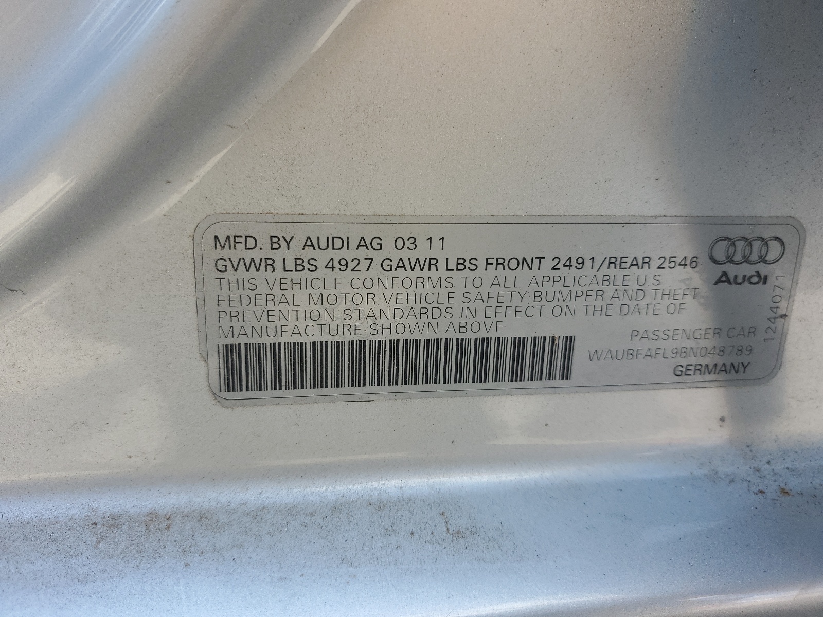 WAUBFAFL9BN048789 2011 Audi A4 Premium